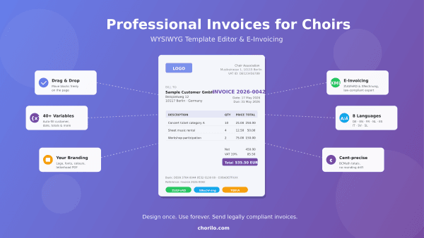 Professional Invoices for Choirs: WYSIWYG Templates, E-Invoicing and Cashbook in One Tool