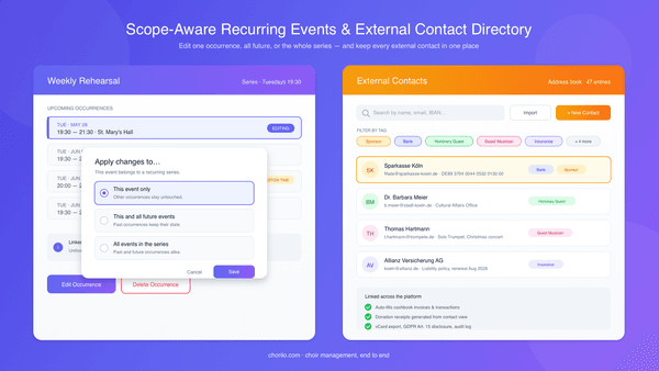 Editing Whole Rehearsal Series and Keeping All External Contacts in One Place: Two New Features for Choir Life