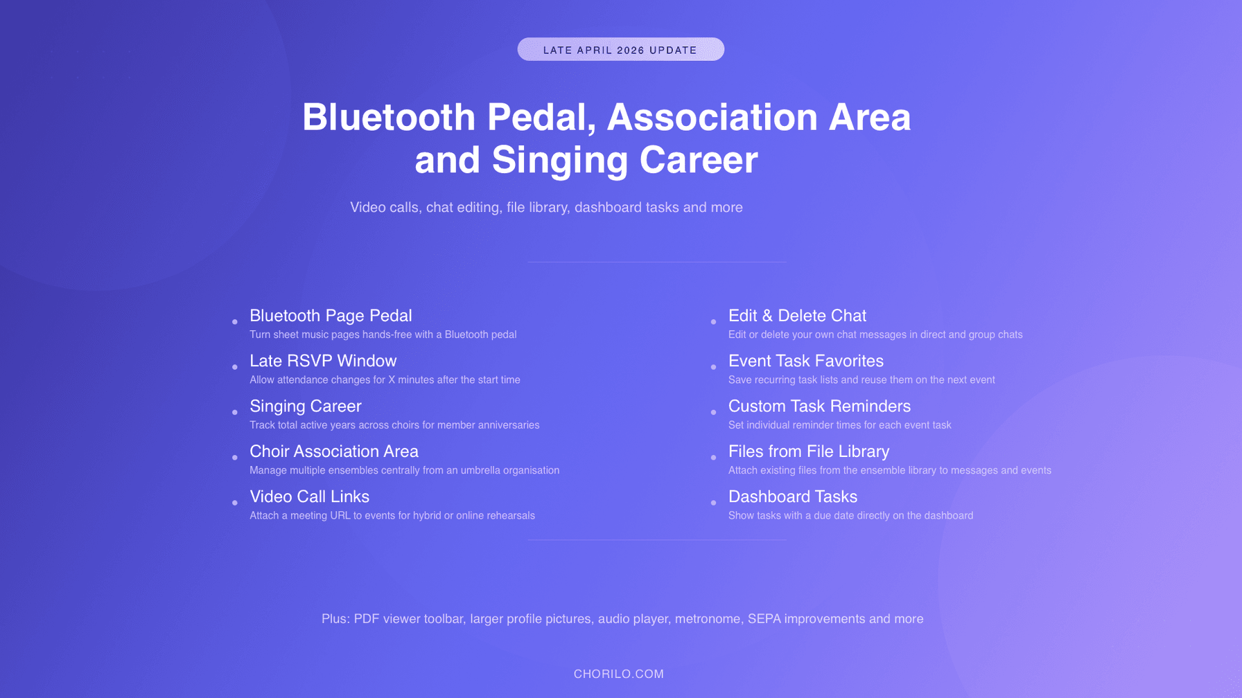 Late April 2026: Bluetooth Pedal, Association Area and Singing Career
