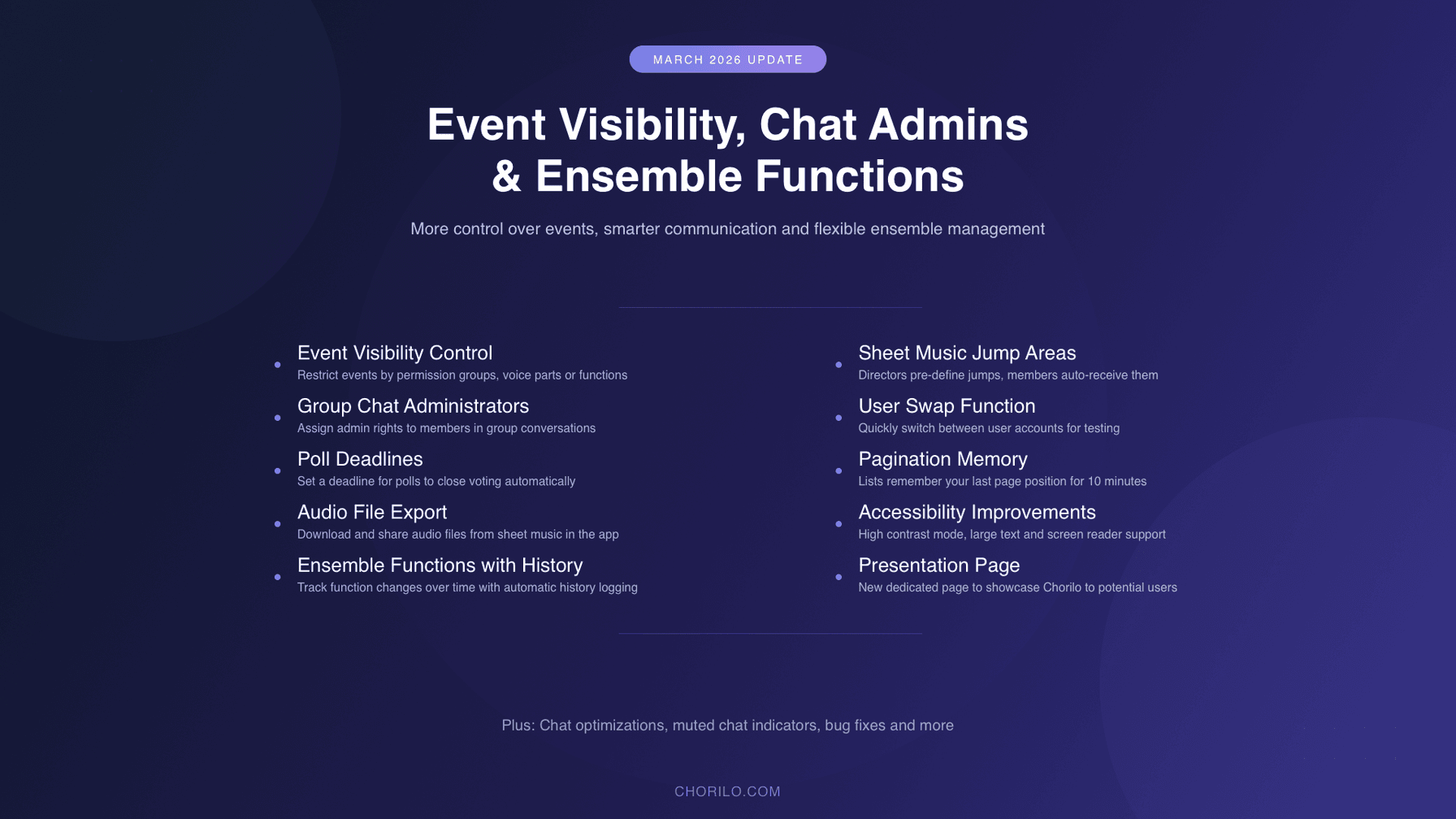 March Update: Event Visibility, Chat Admins and Ensemble Functions
