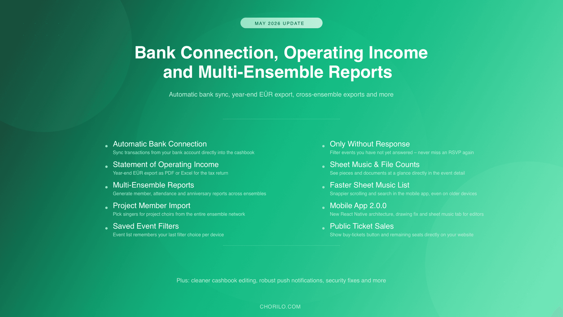 May 2026: Bank Connection, Statement of Operating Income and Multi-Ensemble Reports
