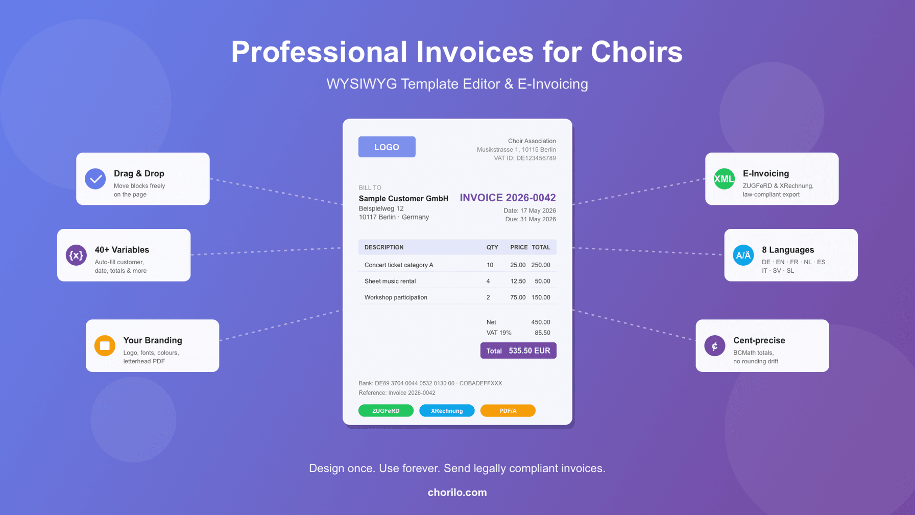 Professional Invoices for Choirs: WYSIWYG Templates, E-Invoicing and Cashbook in One Tool