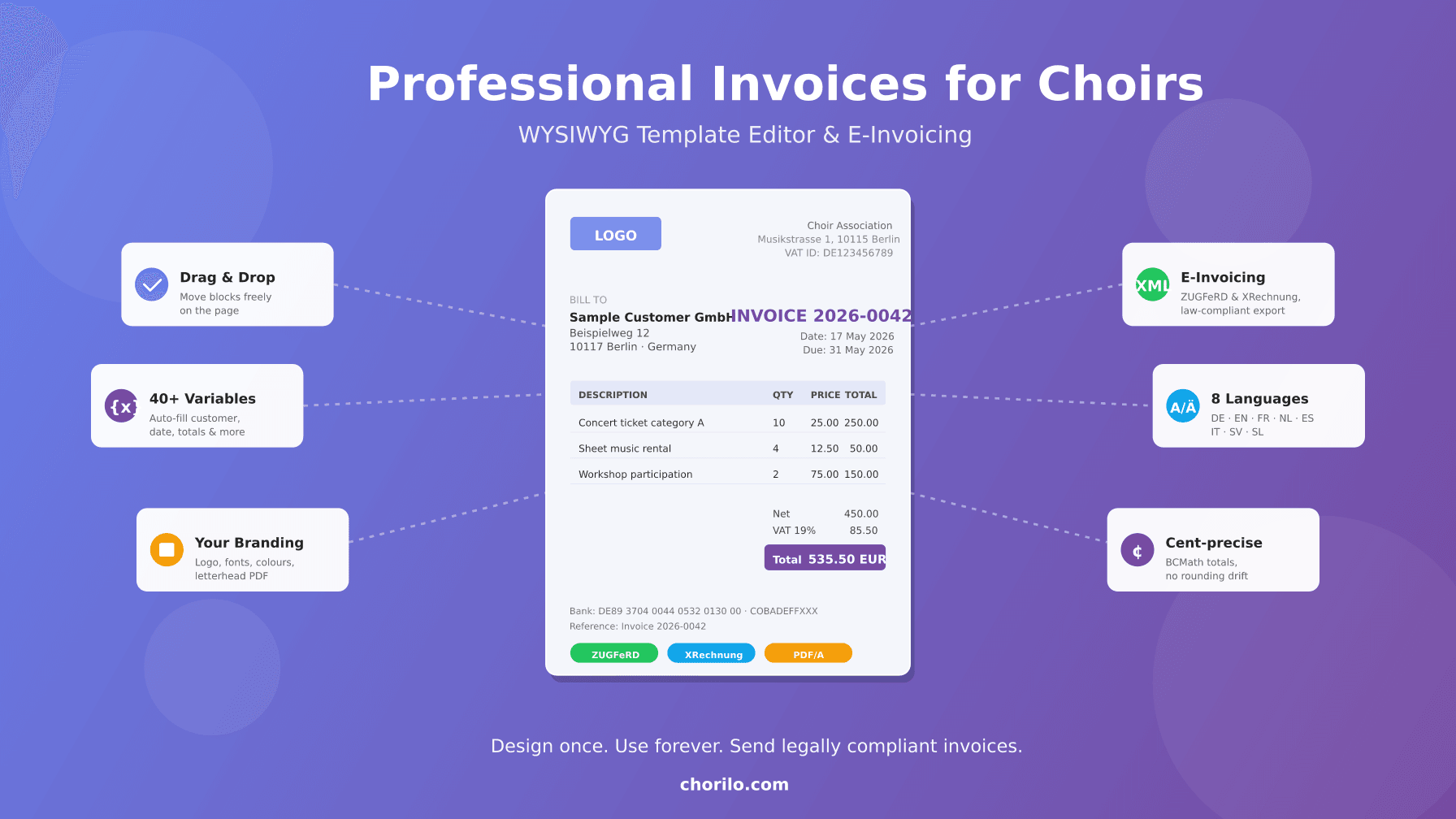 Professional Invoices for Choirs: WYSIWYG Templates, E-Invoicing and Cashbook in One Tool